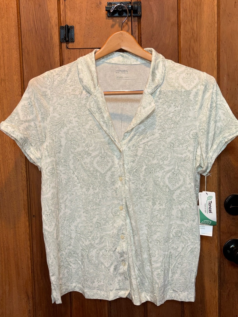 Haven Well Within Short Sleeve Button Front Lounge Top in Light Sage